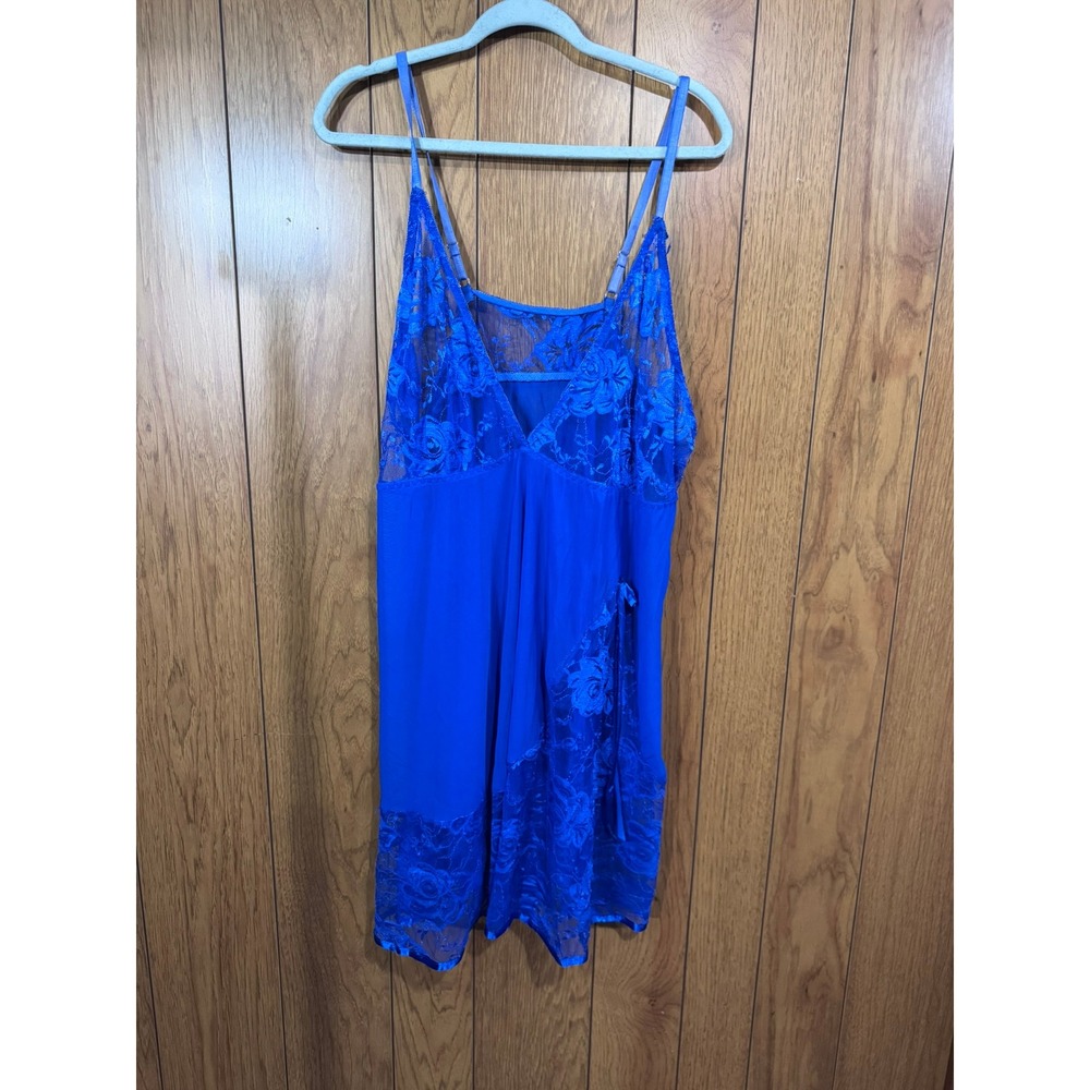 Royal Blue Floral Lace Trim Chemise Nightgown Adjustable Straps Lingerie Size 2X